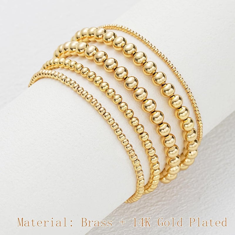 17mile Gold Beaded Bracelets for Women, 5 Pcs Dainty 14K Gold Plated Chunky Stretch Bead Ball Bracelet Stack - Image 5